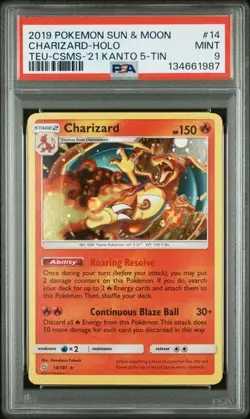 2019 Pokemon S&M Team Up Charizard-Holo #14 Teu-Csms-'21 Kanto 5-Tin PSA 9 - Image 1