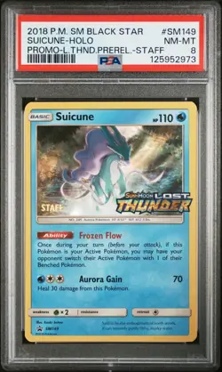 2018 POKEMON SM LOST THUNDER SUICUNE #SM149 PRERELEASE STAFF PROMO PSA 8 A - Image 1