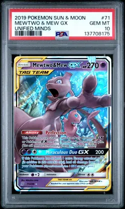2019 POKEMON SUN & MOON UNIFIED MINDS #71 MEWTWO & MEW GX PSA 10 - Image 1
