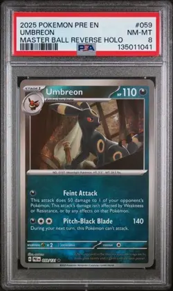 2025 POKEMON PRE EN-PRISMATIC EVOLUTIONS MASTER BALL REVERSE HOLO UMBREON PSA 8 - Image 1