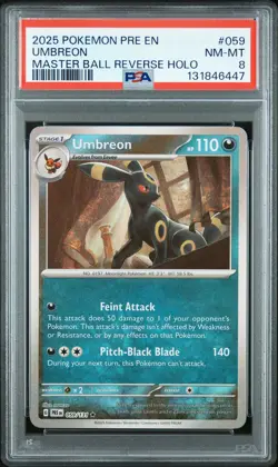 2025 POKEMON PRE EN-PRISMATIC EVOLUTIONS MASTER BALL REVERSE HOLO UMBREON PSA 8 - Image 1