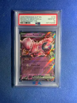 2025 POKEMON SVP EN SV TEAM ROCKET TIN #216 TEAM ROCKET'S MEWTWO EX PSA 10 - Image 1