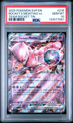 2025 POKEMON SVP EN SV TEAM ROCKET TIN #216 TEAM ROCKET'S MEWTWO EX PSA 10 - Image 1