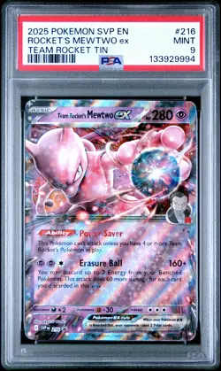 2025 POKEMON SVP EN-SV TEAM ROCKET TIN #216 TEAM ROCKET'S MEWTWO EX PSA 9 - Image 1