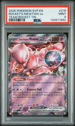 2025 POKEMON SVP TEAM ROCKET TIN PROMO #216 TEAM ROCKET'S MEWTWO EX PSA 9 - Image 1