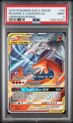 2019 POKEMON SUN & MOON UNBROKEN BONDS #20 RESHIRAM & CHARIZARD GX PSA 9 - Image 1