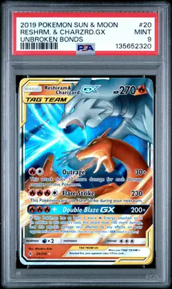 2019 POKEMON SUN & MOON UNBROKEN BONDS #20 RESHIRAM & CHARIZARD GX PSA 9 - Image 1