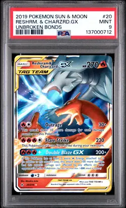 2019 POKEMON SUN & MOON UNBROKEN BONDS #20 RESHIRAM & CHARIZARD GX PSA 9 - Image 1