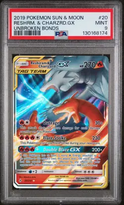 2019 POKEMON SUN & MOON UNBROKEN BONDS #20 RESHIRAM & CHARIZARD GX PSA 9 - Image 1