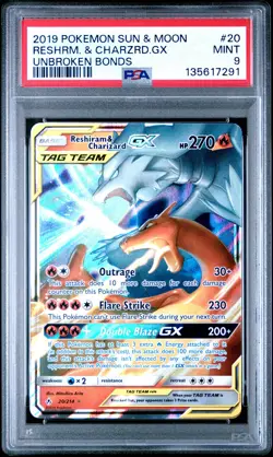 2019 POKEMON SUN & MOON UNBROKEN BONDS #20 RESHIRAM & CHARIZARD GX PSA 9 - Image 1