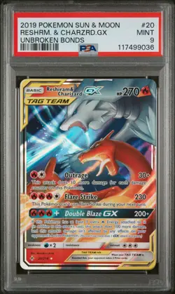 2019 POKEMON SUN & MOON UNBROKEN BONDS #20 RESHIRAM & CHARIZARD GX PSA 9 🔥 - Image 1