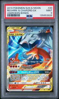 2019 POKEMON SUN & MOON UNBROKEN BONDS #20 RESHIRAM & CHARIZARD GX PSA 9 - Image 1