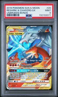 2019 POKEMON SUN & MOON UNBROKEN BONDS #20 RESHIRAM & CHARIZARD GX PSA 9 - Image 1