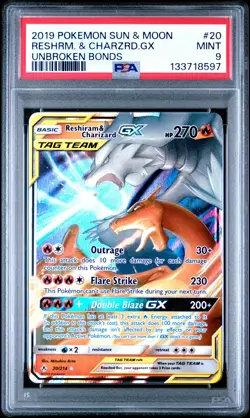 2019 POKEMON SUN & MOON UNBROKEN BONDS #20 RESHIRAM & CHARIZARD GX PSA 9 - Image 1