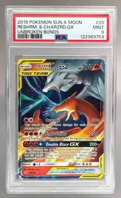 3753 Reshiram & Charizard GX 2019 Pokemon Sun Moon Unbroken Bonds #20 PSA 9 - Image 1