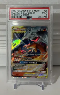 2019 POKEMON SUN & MOON UNBROKEN BONDS #20 RESHIRAM & CHARIZARD GX PSA 9 - Image 1