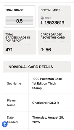 1999 Pokemon Base Set Charizard 1st Edition Holo Thick Stamp BGS 8.5 NEW CERT! - Image 3