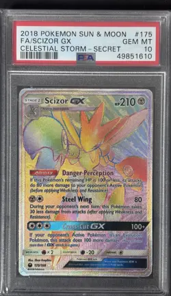 2018 POKEMON SUN & MOON CELESTIAL STORM FA/SCIZOR GX#175 SECRET PSA 10 - Image 1
