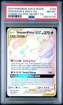 2019 POKEMON SUN & MOON COSMIC ECLIPSE #249 VENUSAUR & SNIVY GX - FA PSA 8 - Image 1