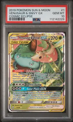 2019 POKEMON SUN & MOON COSMIC ECLIPSE #1 VENUSAUR & SNIVY GX PSA 10 - Image 1