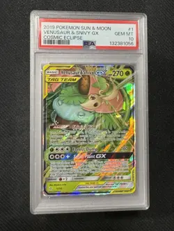 2019 POKEMON COSMIC ECLIPSE VENUSAUR & SNIVY GX #1 PSA 10 RARE TAG TEAM - Image 1