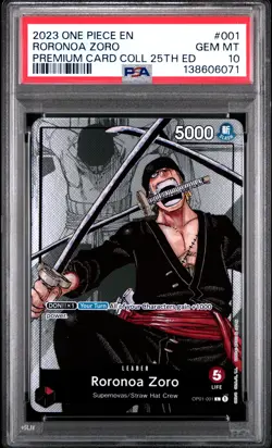 2023 ONE PIECE PREM BANDAI PREM CARD COLL 25TH ED #001 RORONOA ZORO PSA 10 - Image 1