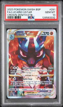 2023 POKEMON SWSH CROWN ZENITH ETB PROMO #291 FULL ART/LUCARIO VSTAR PSA 10 - Image 1