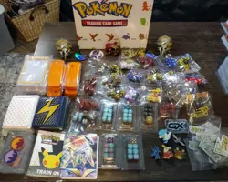 HUGE Pokemon Memorabilia Lot - Dice, Sleeves, Figures, Coins, Pins, Etc. - Image 1