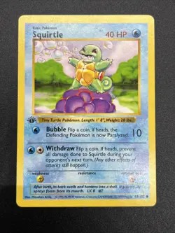 1st Edition Squirtle 63/102 Base Set Shadowless Pokemon Card NM - Image 1