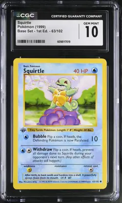 CGC 10 Squirtle 1999 Base Set 1st Edition Shadowless 63/102 Pokemon Card - Image 1