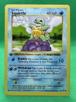 1st Edition Shadowless Squirtle 63/102 Base Set Pokemon Card - Image 1
