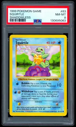 1999 Pokemon SQUIRTLE Base Set SHADOWLESS Edition Non Holo Card 63/102 - PSA 8 - Image 1
