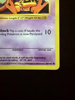 1999 Abra 43/102 Base Set *1ST EDITION* Shadowless Vintage Pokemon TCG NM/Mint - Image 4