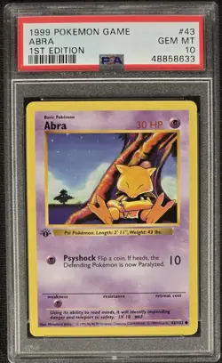 PSA 10 Abra 43/102 WOTC 1st Edition Shadowless Base Set Pokemon TCG 1999 - Image 1