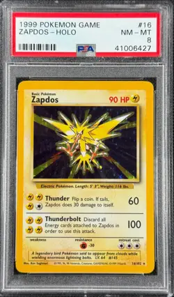 Pokemon Card Zapdos 16/102 Holo Base Set Pokemon Game PSA 8 - Image 1