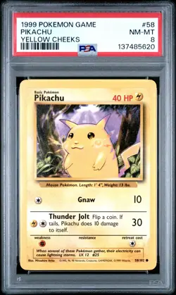 1999 POKEMON BASE SET UNLIMITED YELLOW CHEEKS #58 PIKACHU PSA 8 - Image 1