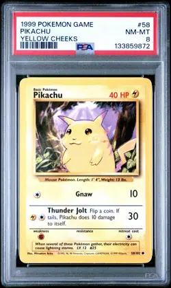 1999 POKEMON BASE SET UNLIMITED YELLOW CHEEKS #58 PIKACHU PSA 8 - Image 1