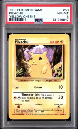 1999 POKEMON BASE SET UNLIMITED YELLOW CHEEKS #58 PIKACHU PSA 8 - Image 1