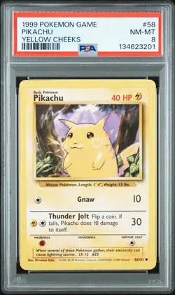 1999 POKEMON BASE SET UNLIMITED YELLOW CHEEKS #58 PIKACHU PSA 8 - Image 1