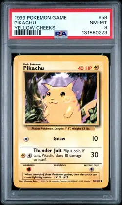 1999 POKEMON BASE SET UNLIMITED YELLOW CHEEKS #58 PIKACHU PSA 8 - Image 1