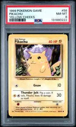 1999 POKEMON BASE SET UNLIMITED YELLOW CHEEKS #58 PIKACHU PSA 8 - Image 1