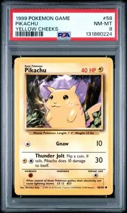 1999 POKEMON BASE SET UNLIMITED YELLOW CHEEKS #58 PIKACHU PSA 8 - Image 1