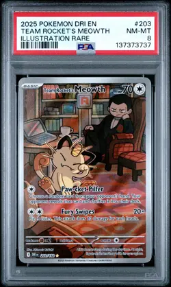2025 POKEMON DRI EN-DESTINED RIVALS ILLUSTRATION RARE TEAM ROCKET'S MEOWTH PSA 8 - Image 1