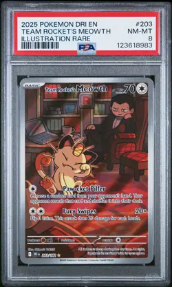 2025 POKEMON DRI EN-DESTINED RIVALS ILLUSTRATION RARE TEAM ROCKET'S MEOWTH PSA 8 - Image 1