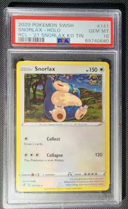 Pokemon TCG PSA Gem Mint 10 Snorlax Holo 141/192 RCL-'21 KO TIN - Image 1