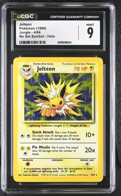 CGC 9 MINT Jolteon 1999 Jungle 4/64 No Set Symbol Holo Pokemon Card - Image 1