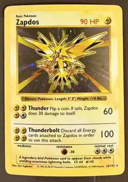 Pokemon Zapdos 016/102 Base Set (Shadowless) Holo MP TCG Card - Image 1