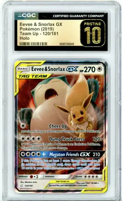 CGC Pristine 10 Pokemon TCG Eevee & Snorlax GX 120/181 Sm-Team Up Holo (2019) - Image 1