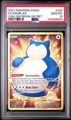 2021 POKEMON SWORD & SHIELD CHILLING REIGN SECRET #224 FULL ART/SNORLAX PSA 10 - Image 1