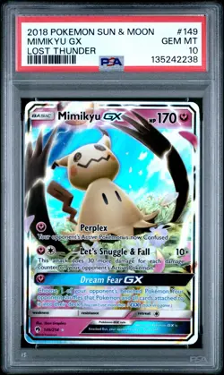 PSA 10 GEM MINT Mimikyu GX 149/214 Holo Pokemon Sun & Moon Lost Thunder *Low Pop - Image 1